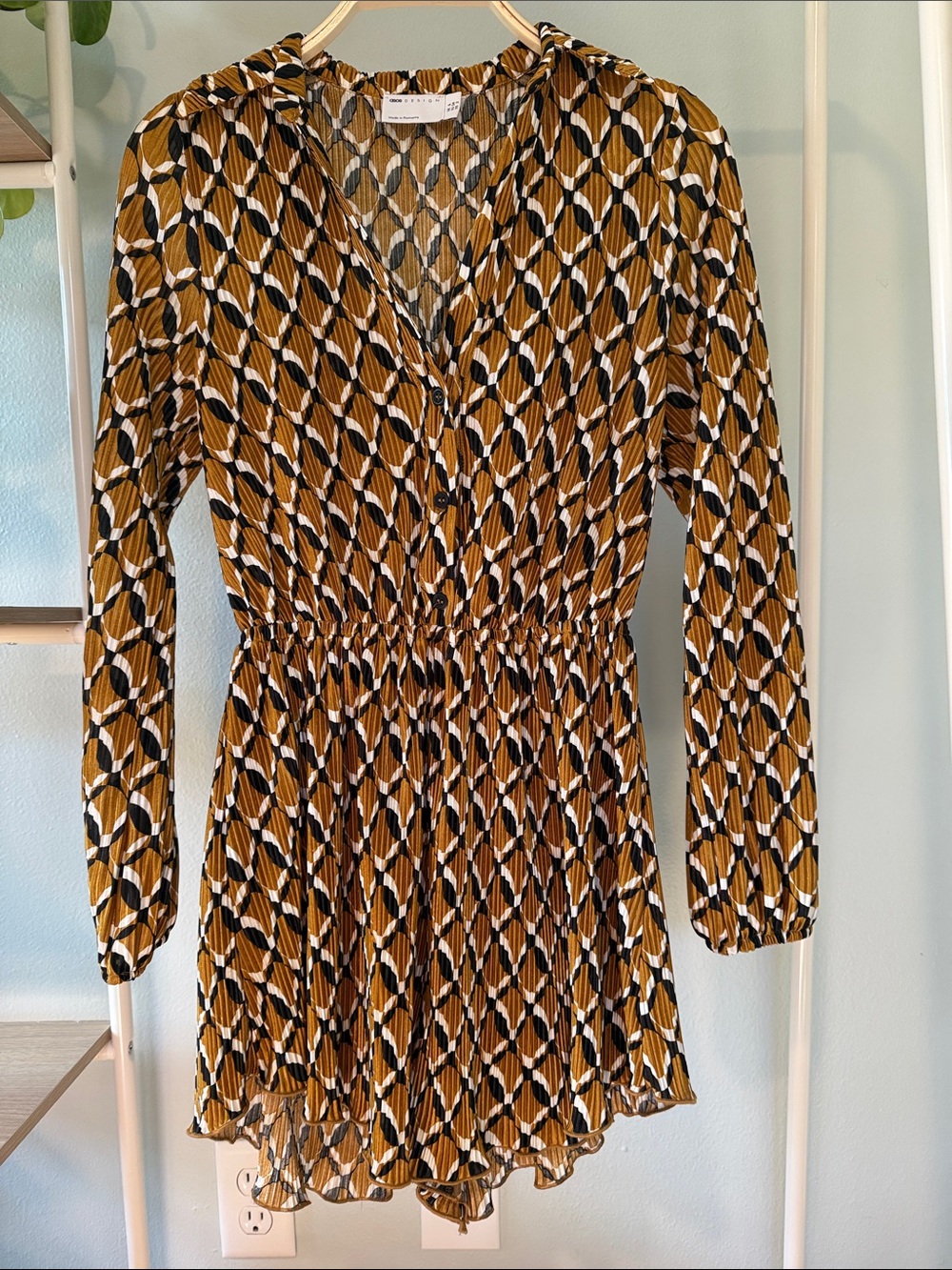 Long-Sleeve V-Neck Romper - Mustard/Black
